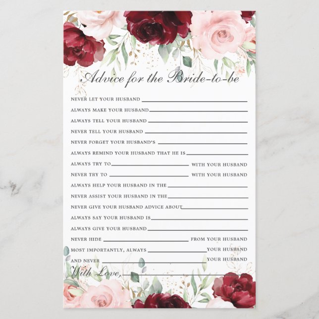Papier Bourgogne Blush rose Floral conseil pour une marié (Devant)