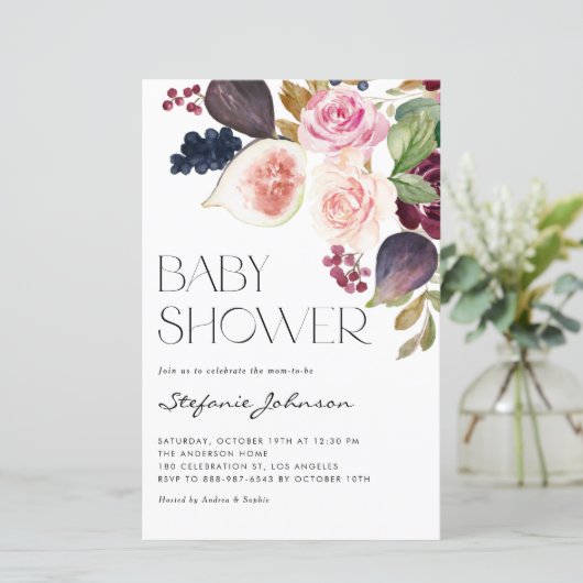 Papier Bourgogne Fleurs et Figs Baby shower Invitation (Debout devant)