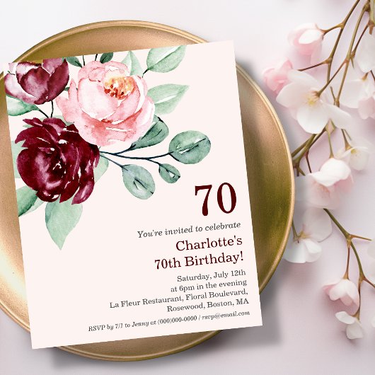 Papier Bourgogne Floral 70e Budget Anniversaire Invitatio