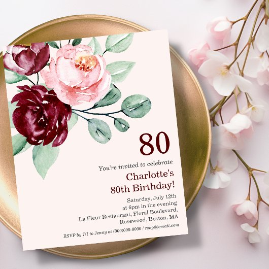 Papier Bourgogne Floral 80e Budget Anniversaire Invitatio