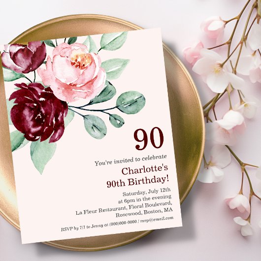 Papier Bourgogne Floral 90e Budget Anniversaire Invitatio
