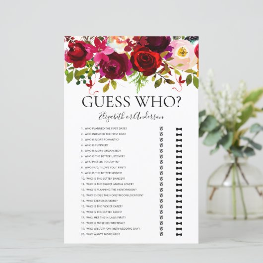 Papier Bourgogne Floral Devinez Qui Fête des mariées Jeu (Debout devant)