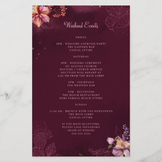 Papier Bourgogne Floral Élégant Mariage Bienvenue Itinéra (Dos)