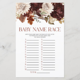 Papier Bourgogne Floral Fleurs Nom Race Baby shower Jeu