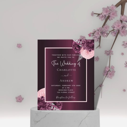 Papier Bourgogne rose fleurs budget faire-part de mariage
