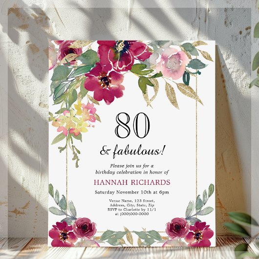 Papier Bourgogne rose florale 80e anniversaire Invitation