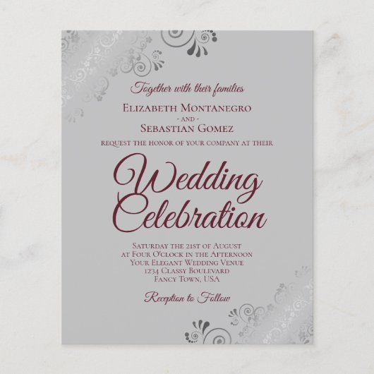 Papier Bourgogne sur Grey Frilly Faire-part de mariage BU (Devant)