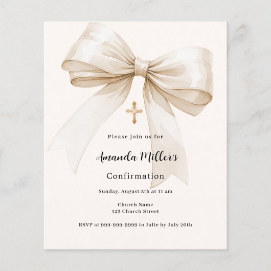 Papier Bow crème beige fille Confirmation invitation (Devant)