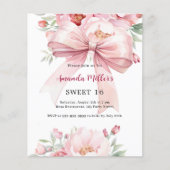 Papier Bow flores roses Sweet 16 invitation (Devant)