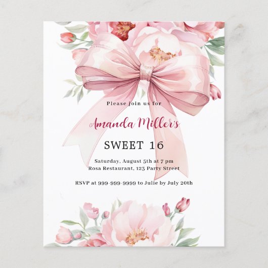 Papier Bow flores roses Sweet 16 invitation (Devant)