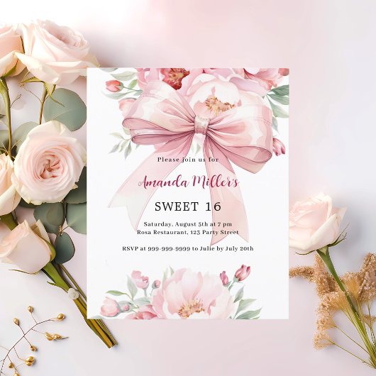 Papier Bow flores roses Sweet 16 invitation