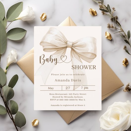 Papier Bow gender neutral beige Baby Shower invitation