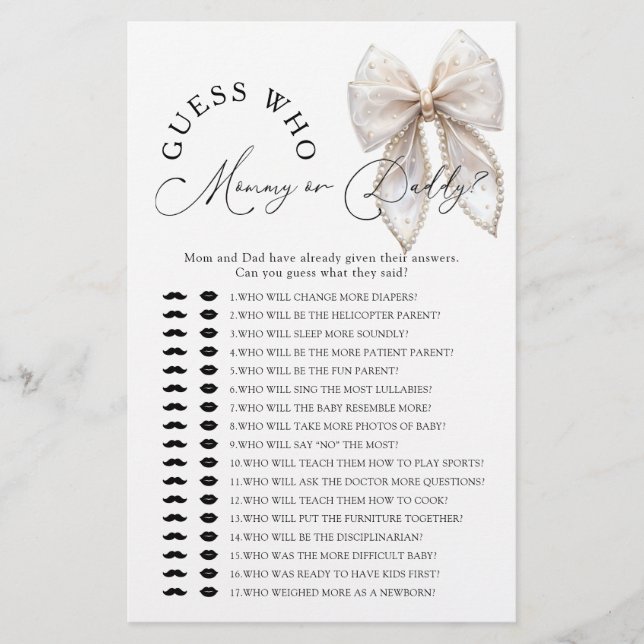 Papier Bow Guess Who Mommy or Daddy Baby Shower Game (Devant)