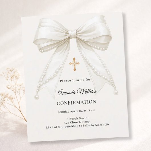 Papier Bow ivory pearls girl Confirmation invitation