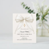 Papier Bow ivory pearls girl First Communion invitation (Debout devant)
