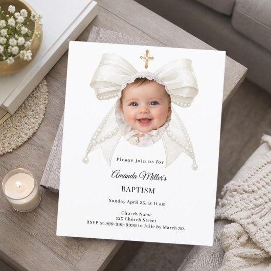 Papier Bow Ivory Pearls Photo Girl Baptism invitation