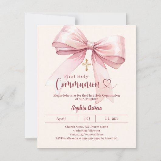 Papier Bow pink girl cream First Communion invitation (Devant)