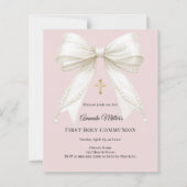 Papier Bow pink ivory pearls First Communion invitation (Devant)