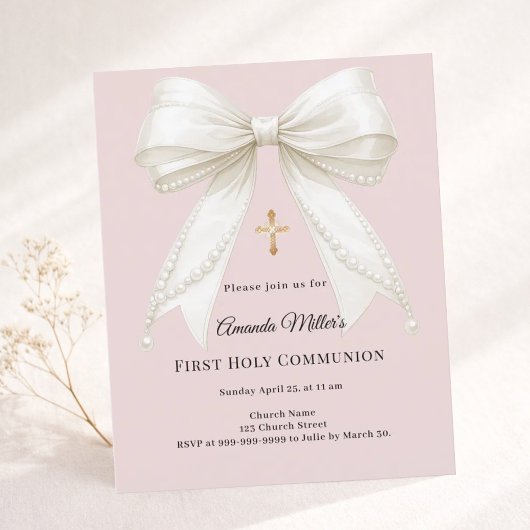 Papier Bow pink ivory pearls First Communion invitation