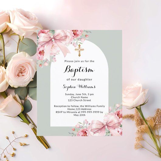 Papier Bow rose arc floral sauge vert baptême invitation