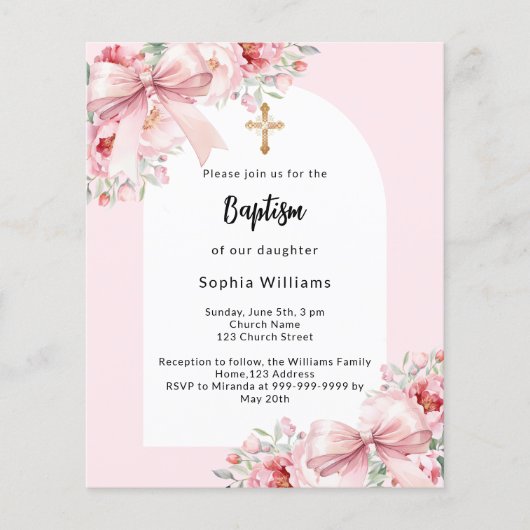 Papier Bow rose flores arch fille baptême invitation (Devant)