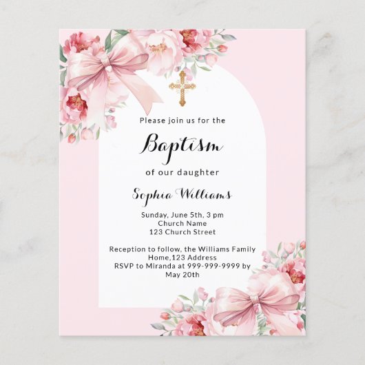 Papier Bow rose flores arch script baptême invitation (Devant)