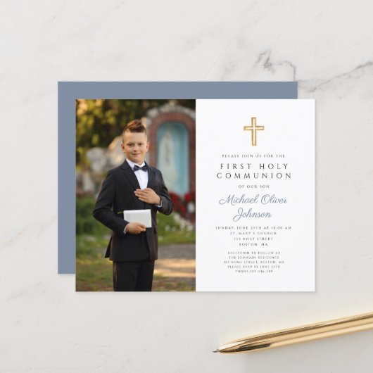Papier Boy Blue Budget Cross Photo Première communion (Devant/Arrière en situation)
