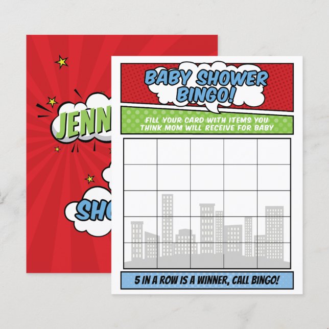 Papier Boy Comic Book Superhero Baby shower Bingo Jeu (Devant / Derrière)