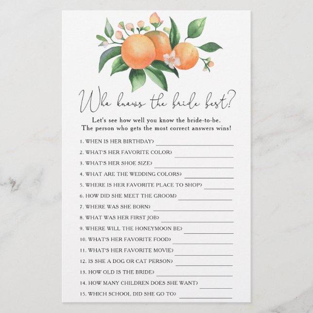 Papier Branche Oranges - Qui connaît la mariée meilleur j (Devant)