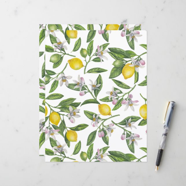 Papier Branches de citron avec fleurs et fruits sur blanc (Devant/Arrière en situation)