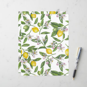 Papier Branches de citron avec fleurs et fruits sur blanc