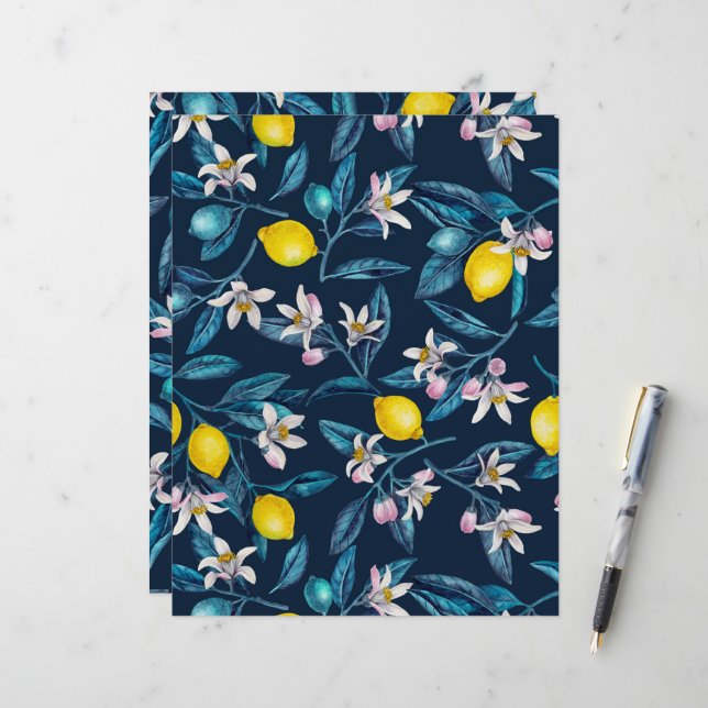 Papier Branches de citron avec fleurs et fruits sur le bl (Devant/Arrière en situation)
