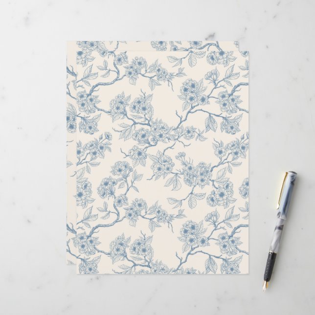 Papier Branches de fleurs de cerisier en bleu et blanc ca (Devant/Arrière en situation)