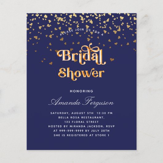 Papier Bridal douche marine bleu or budget invitation (Devant)