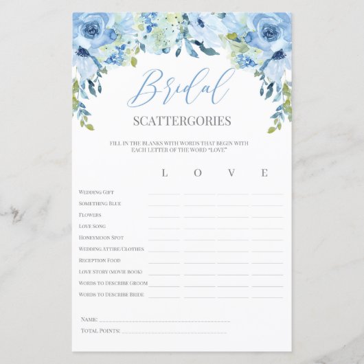 Papier Bridal floral bleu Scattergories jeu modifiable (Devant)