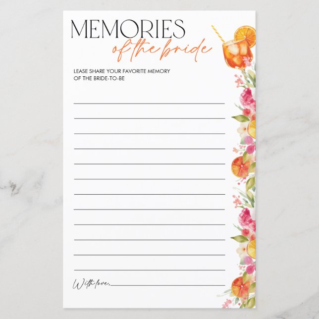 Papier Bridal Shower Games Memories of the Bride Spritz (Devant)