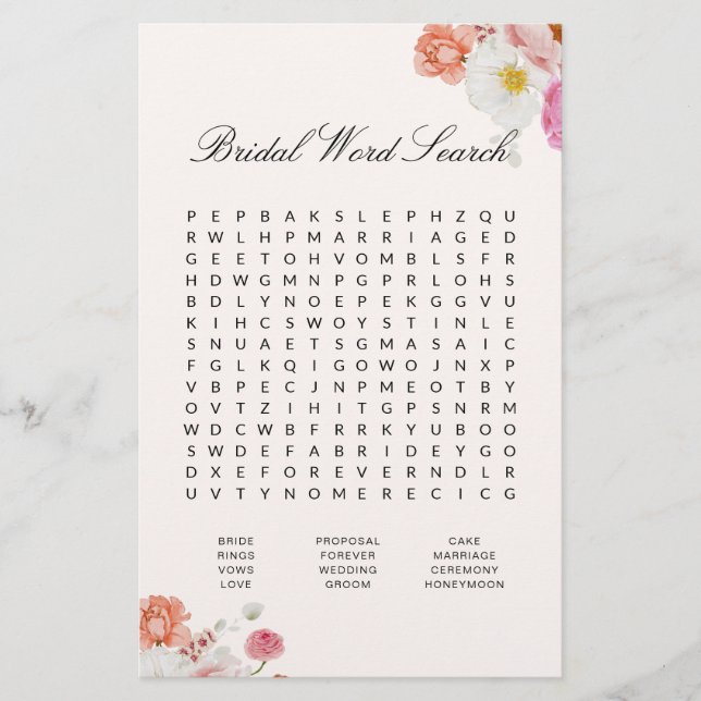 Papier Bridal Shower Word Search Floral Game Card (Devant)