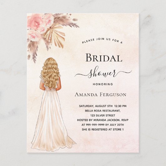 Papier Bride douche mariée rose pampas invitation budgéta (Devant)