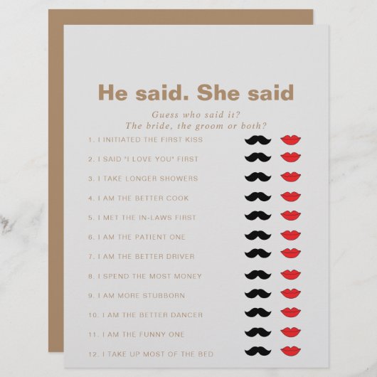 Papier Brown Il Dit Qu'Elle A Dit Fête des mariées Game (Devant / Derrière)