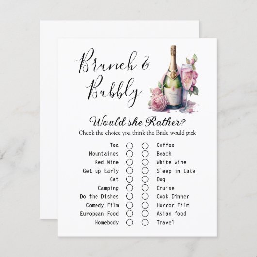 Papier Brunch et Bubbly Fête des mariées Game Card (Devant / Derrière)