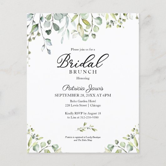 Papier Brunch nuptial vert Invitation budgétaire (Devant)