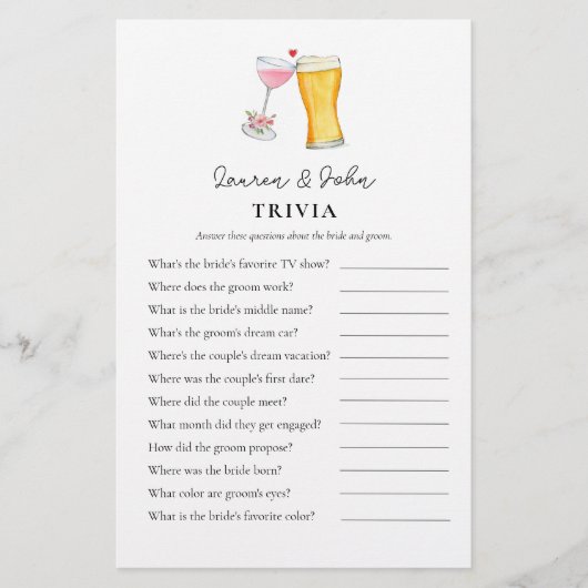 Papier Bubbles et Brew Couple's Shower Trivia jeux (Devant)