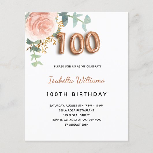 Papier Budget 100e anniversaire floral rose or eucalyptus (Devant)