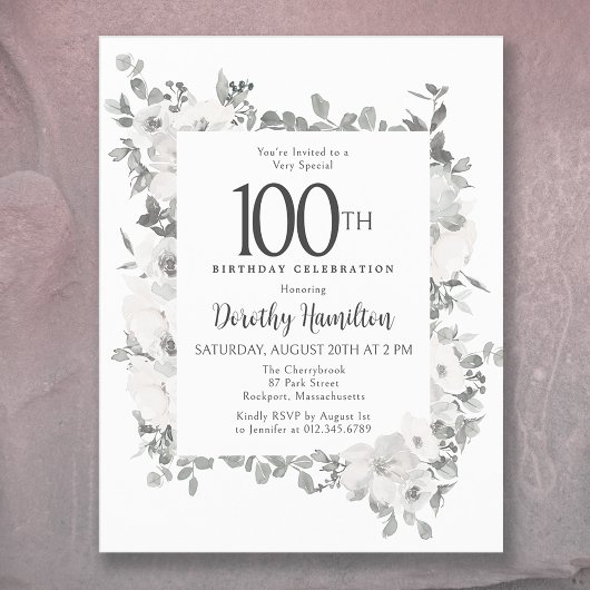 Papier Budget 100e anniversaire Invitation florale blanch