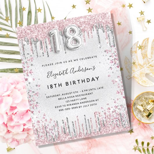 Papier Budget 18e anniversaire argent rose invitation