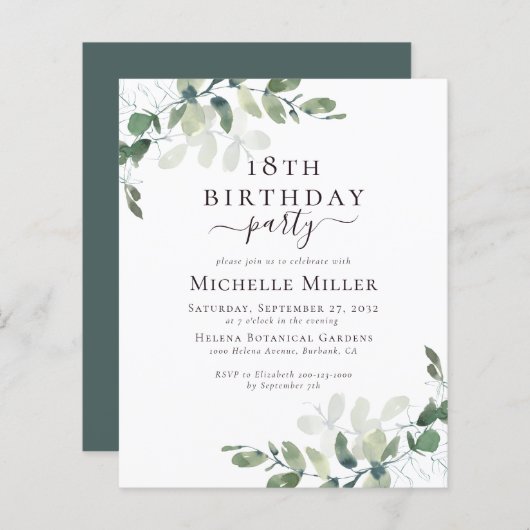 Papier BUDGET 18e anniversaire Elegant Eucalyptus Invitat (Devant / Derrière)