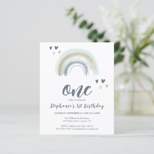 Papier Budget 1er anniversaire Boho bleu arc-en-ciel (Debout devant)