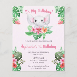 Papier Budget 1er anniversaire Eléphant rose Invitation