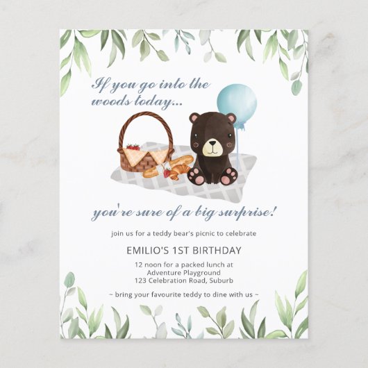 Papier Budget 1er anniversaire Teddy Bear Pique-nique Ble (Devant)