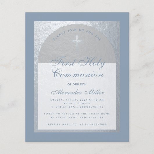 Papier Budget 1ère communion Dusty Blue Silver Invitation (Devant)